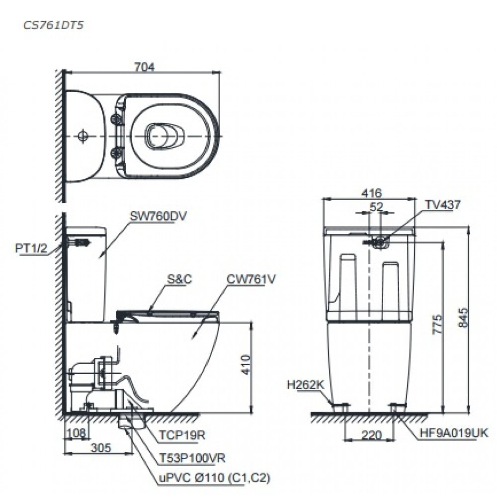 Bản vẽ kỹ thuật bồn cầu TOTO CS761DT5