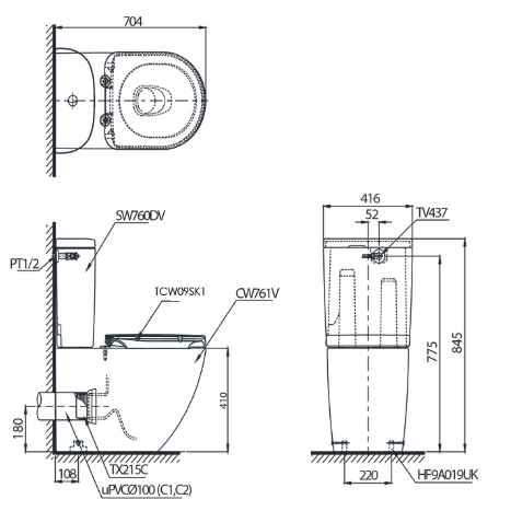 Bản vẽ kỹ thuật bồn cầu TOTO CS761PDE5 