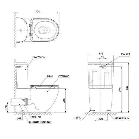 Bản vẽ kỹ thuật bồn cầu TOTO CS761PDW8 