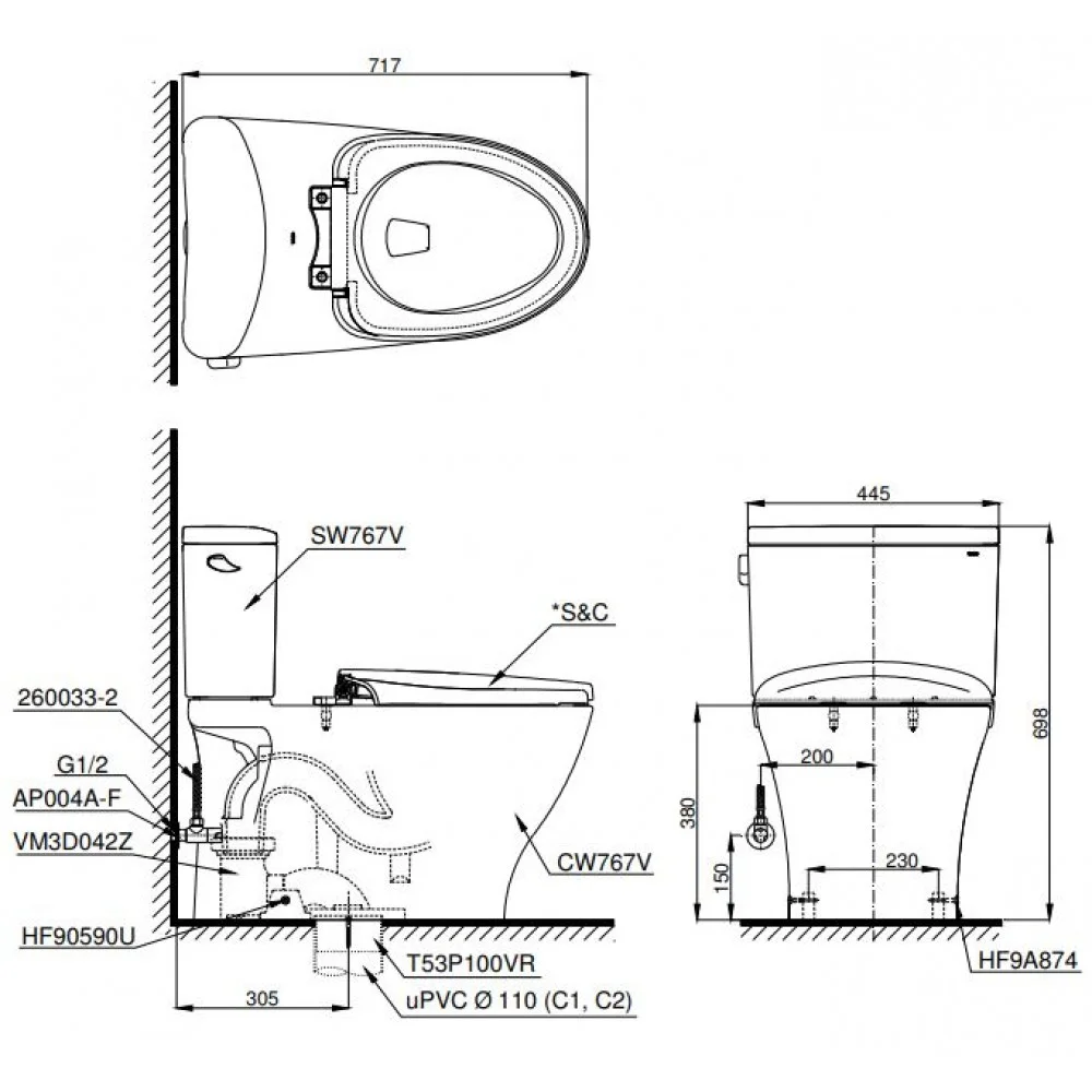 Bản vẽ kỹ thuật Bồn cầu 2 khối TOTO CS767T2