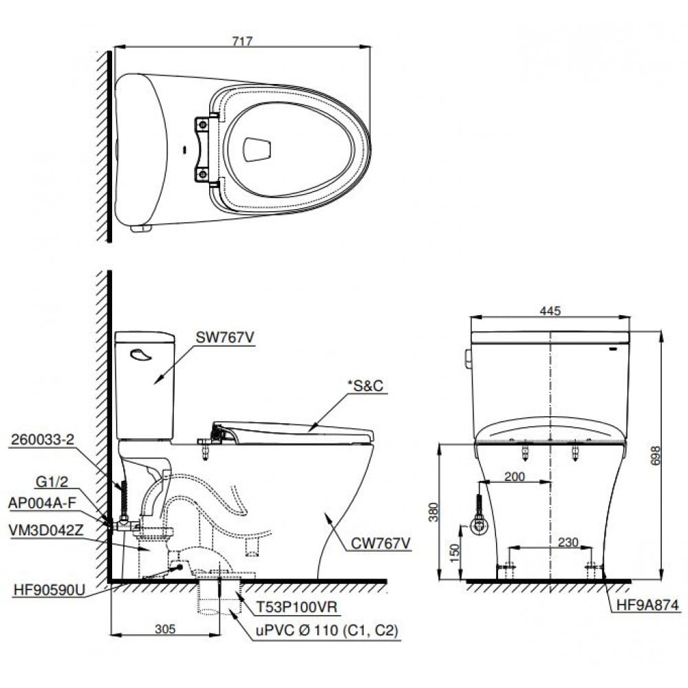 Bản vẽ kỹ thuật của bồn cầu TOTO CS767T3 nắp êm