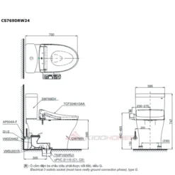 Thông số kỹ thuật của bàn cầu 2 khối kèm nắp rửa điện tử WASHLET S2 TOTO CS769DRW24#XW