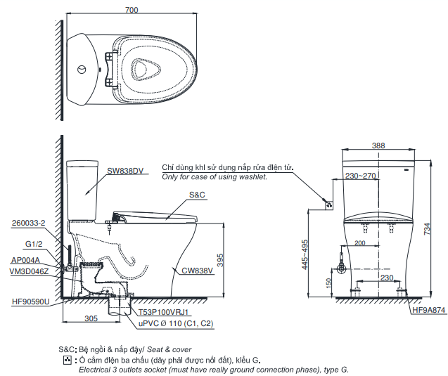 Bản vẽ kỹ thuật của bồn cầu 2 khối TOTO CS838DW11