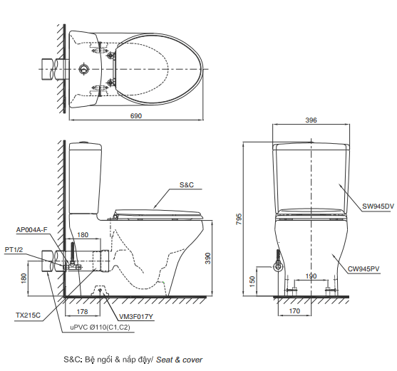 Bản vẽ kỹ thuật bồn cầu TOTO CS945PDE4
