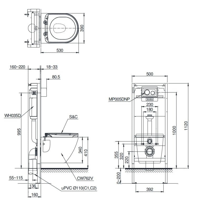 Bản vẽ kỹ thuật bồn cầu TOTO CW762/WH035D/MB005DCP