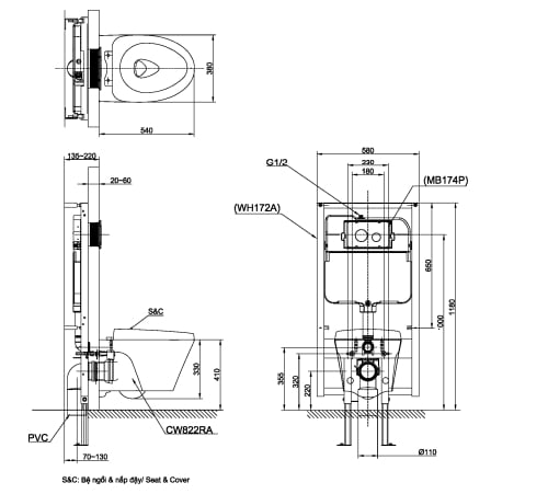 Bồn cầu treo tường TOTO CW822RA/WH035D/MB005DCP - Ảnh 2