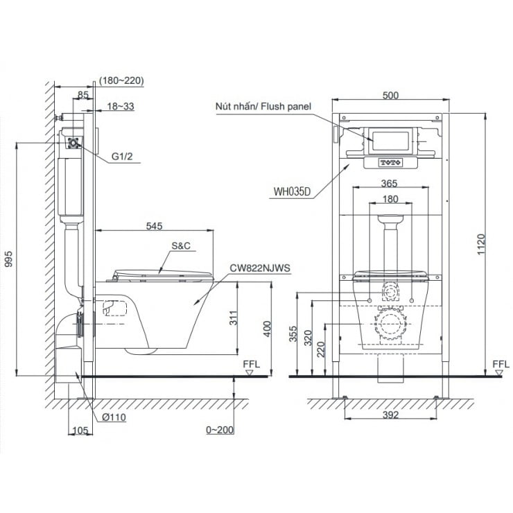 bản vẽ kỹ thuật bồn cầu TOTO CW822NJWS/WH035D/MB005DG