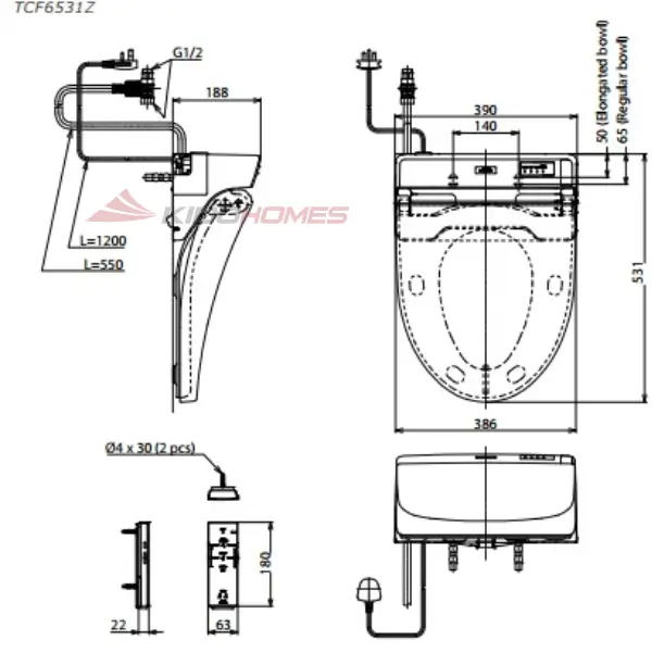Thông số kỹ thuật nắp rửa điện tử WASHLET TCF6531Z
