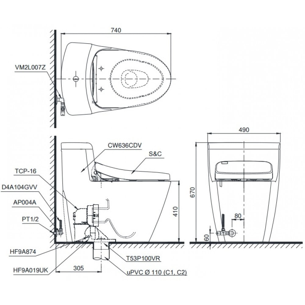 Bản vẽ kĩ thuật của bồn cầu TOTO MS636DT8