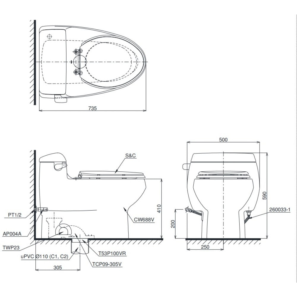 Bản vẽ kỹ thuật của Bồn cầu TOTO MS688E2