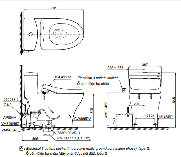 Bồn cầu 1 khối Toto MS885DW11#XW – Nắp điện tử - Ảnh 2