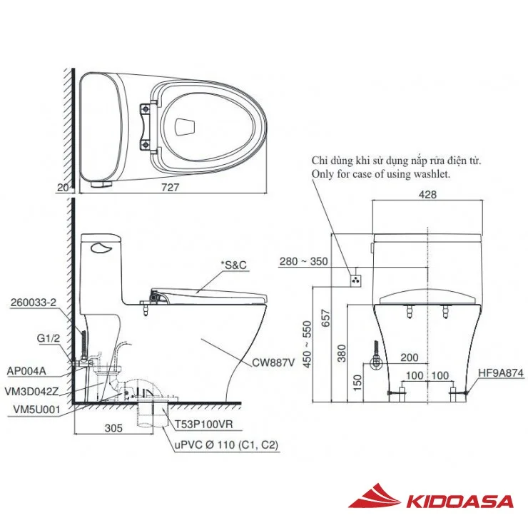 Bản vẽ kỹ thuật bồn cầu 1 khối TOTO MS887CRW17 nắp điện tử