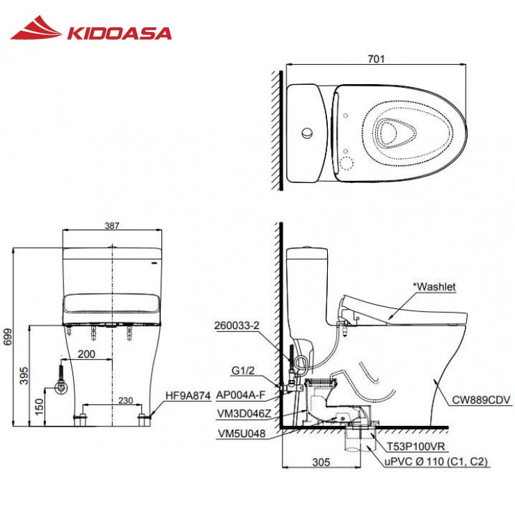 Bồn cầu 1 khối nắp rửa điện tử TOTO washlet MS889CDRW15#XW - Ảnh 2