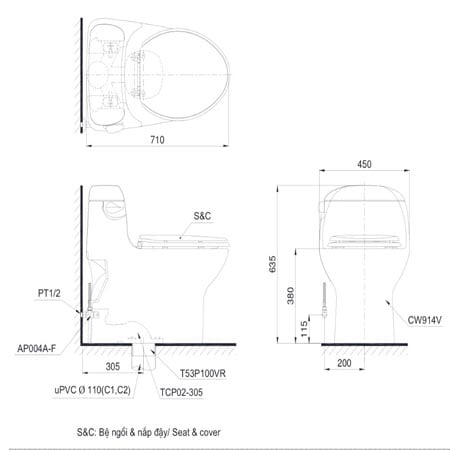 Bản vẽ kỹ thuật bồn cầu TOTO MS914E4