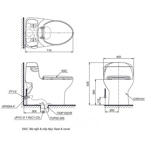 Bản vẽ kỹ thuật bồn cầu TOTO MS914T8