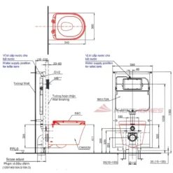 Bản vẽ kỹ thuật của bồn cầu treo tường TOTO CW553/WH172A/TC384CVK/MB174P