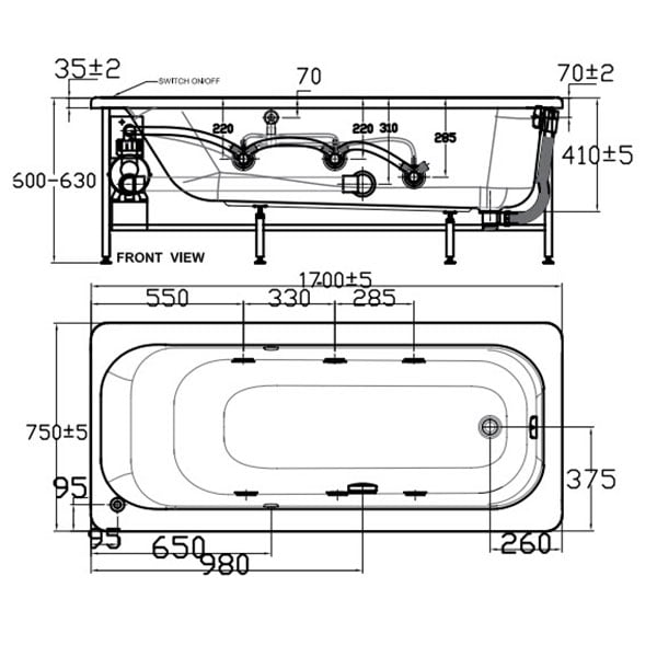 Bản vẽ kỹ thuật bồn tắm American Standard 70270-WT