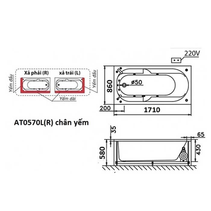 Bản vẽ kỹ thuật bồn tắm Caesar AT0570L(R)