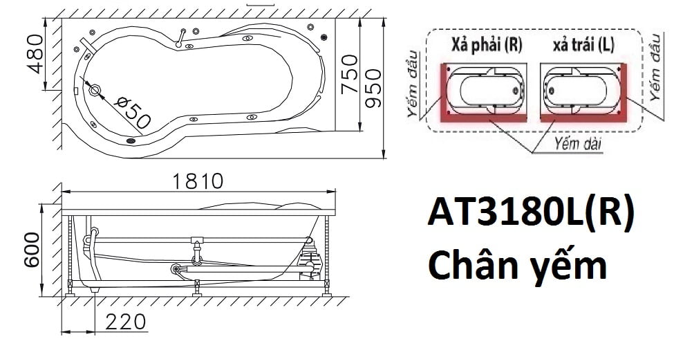 Bản vẽ kỹ thuật của bồn tắm CEASAR AT3180L(R)