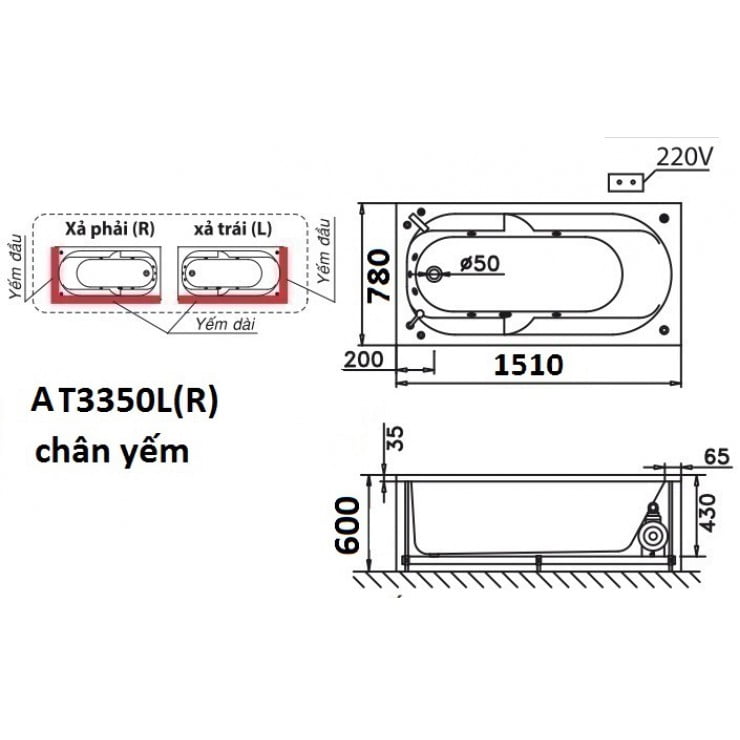 Bản vẽ kỹ thuật của bồn tắm CAESAR AT3350L(R)