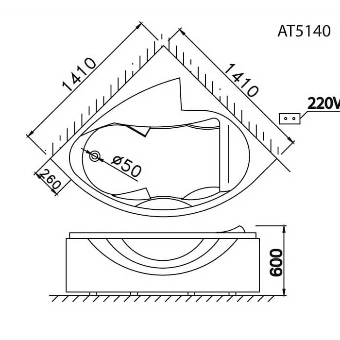 Bản vẽ kỹ thuật bồn tắm Caesar AT5140