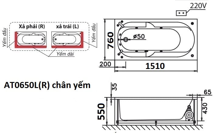 Bản vẽ kỹ thuật của bồn tắm CEASAR AT0650L(R)