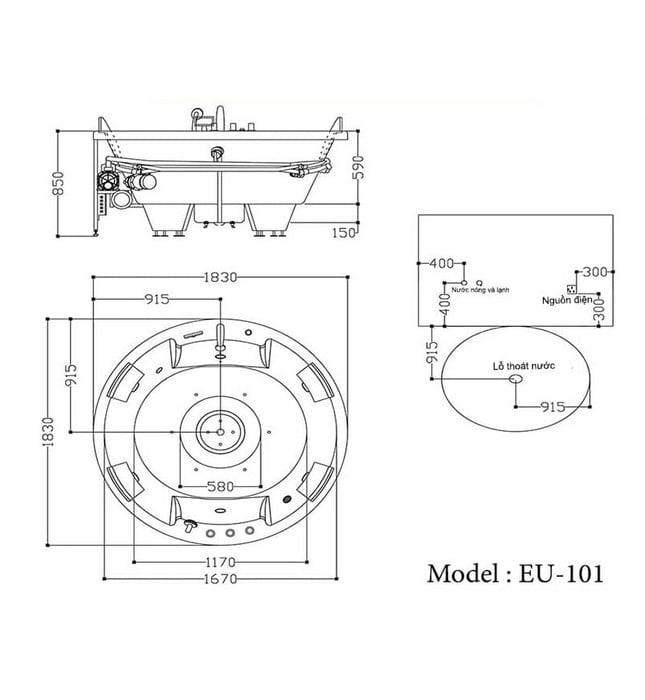 Bản vẽ kĩ thuật của bồn tắm euroking EU-101