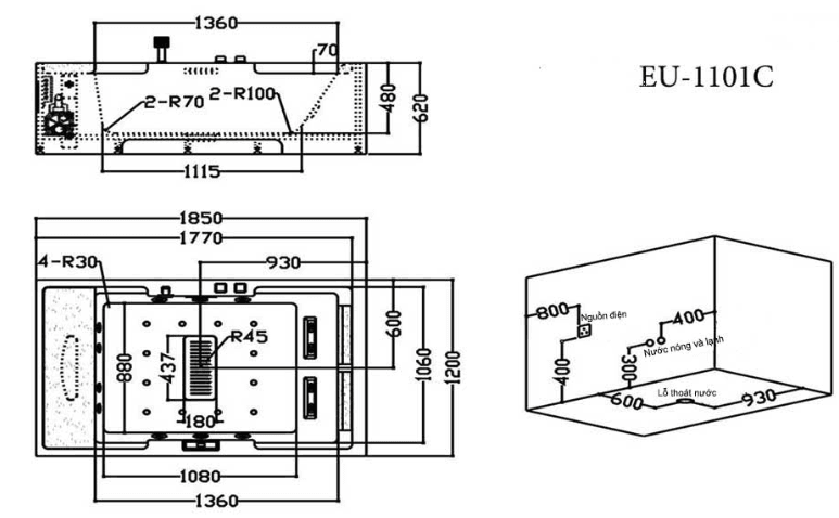 Bản vẽ kĩ thuật bồn tắm EuroKing EU-1101C