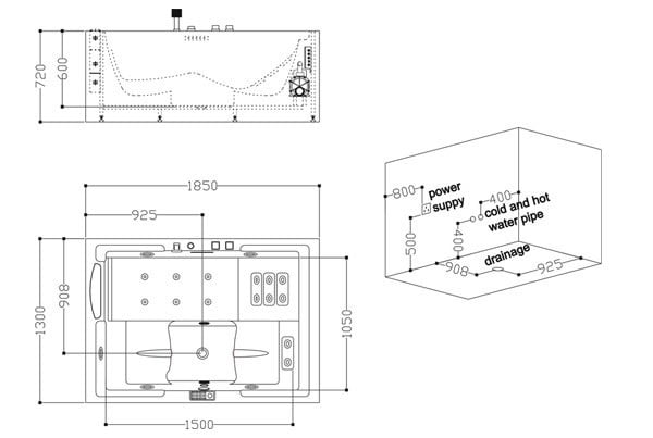 Bản vẽ kĩ thuật bồn tắm EuroKing EU-1105