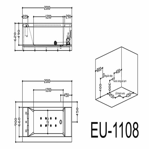 Bản vẽ kĩ thuật bồn tắm massage EU-1108