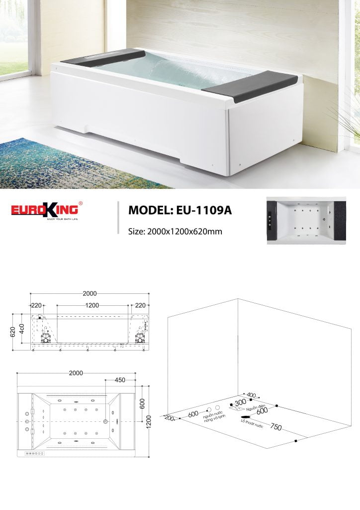 Bản vẽ kĩ thuật bồn tắm EuroKing EU-1109A