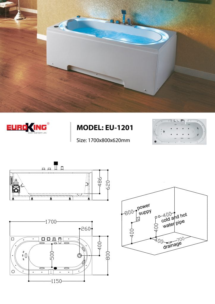 Bản vẽ kĩ thuật bồn tắm EuroKing EU-1201