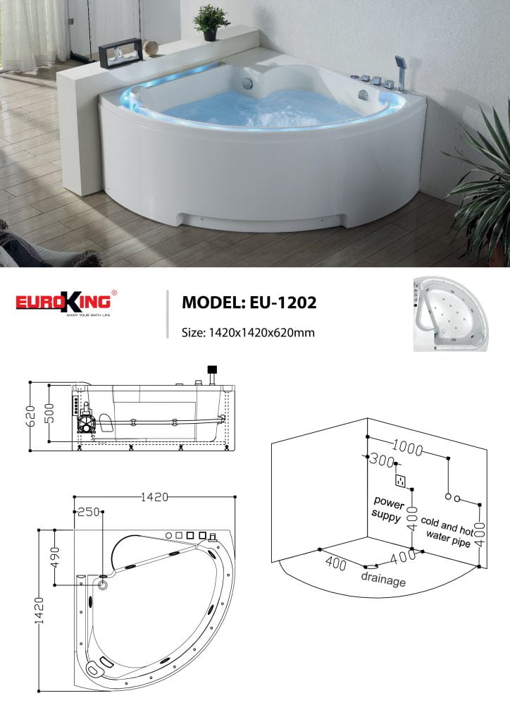 Bản vẽ kĩ thuật bồn tắm EuroKing EU-1202
