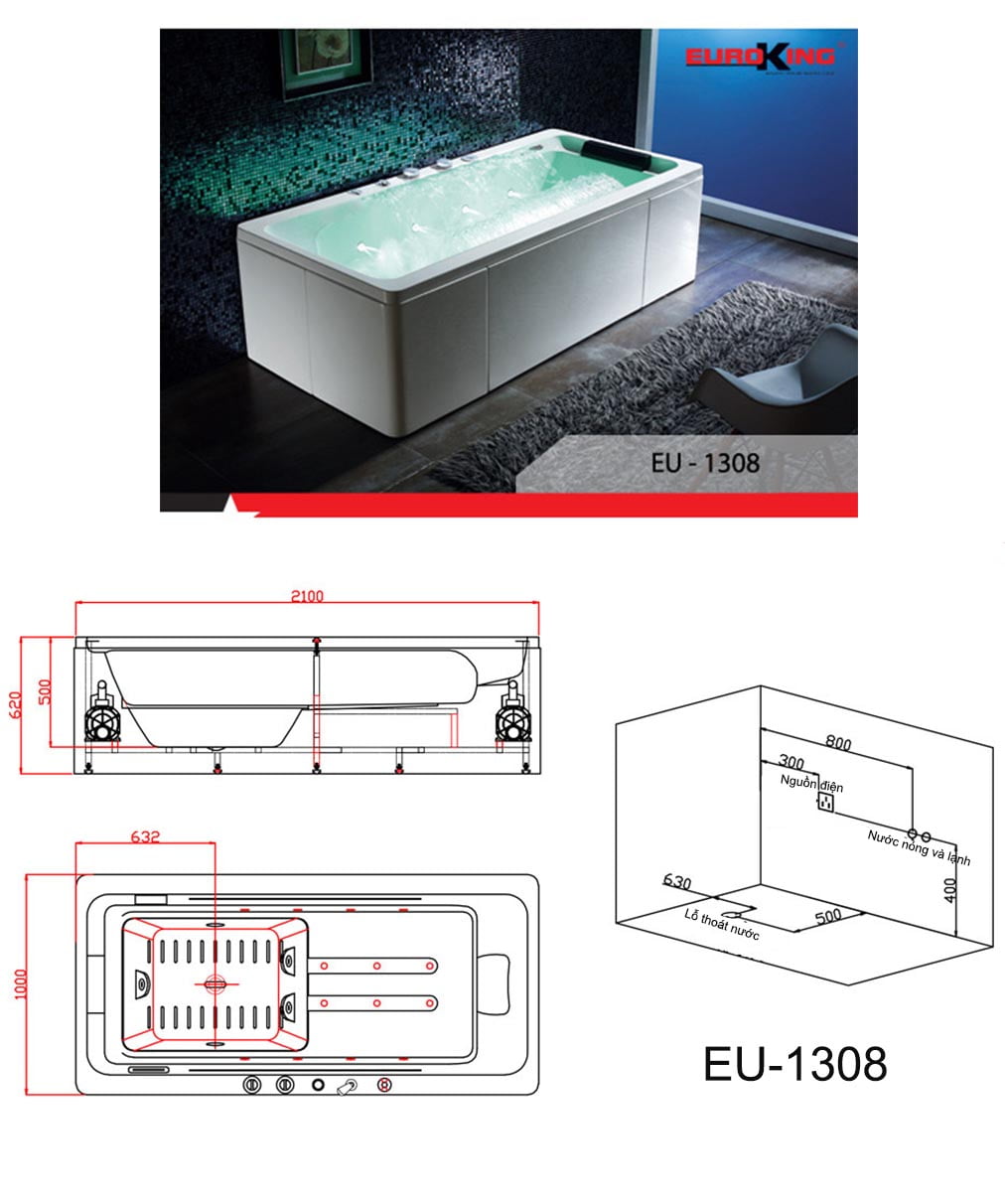Bản vẽ kĩ thuật bồn tắm EuroKing EU-1308
