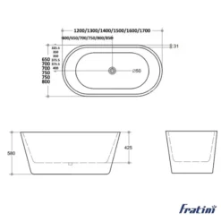 Bản vẽ kỹ thuật của bồn tắm Fratini Milano 39080101WH đặt sàn độc lập