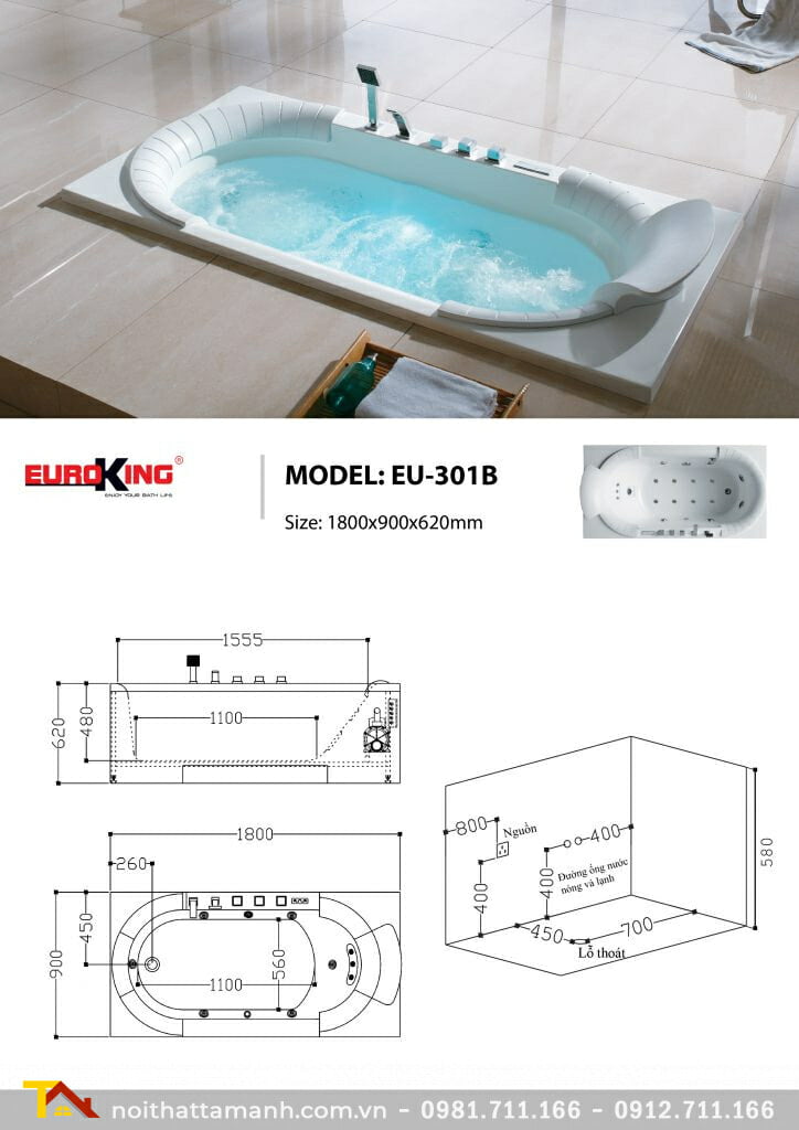 Bản vẽ kĩ thuật bồn tắm EuroKing EU-301B