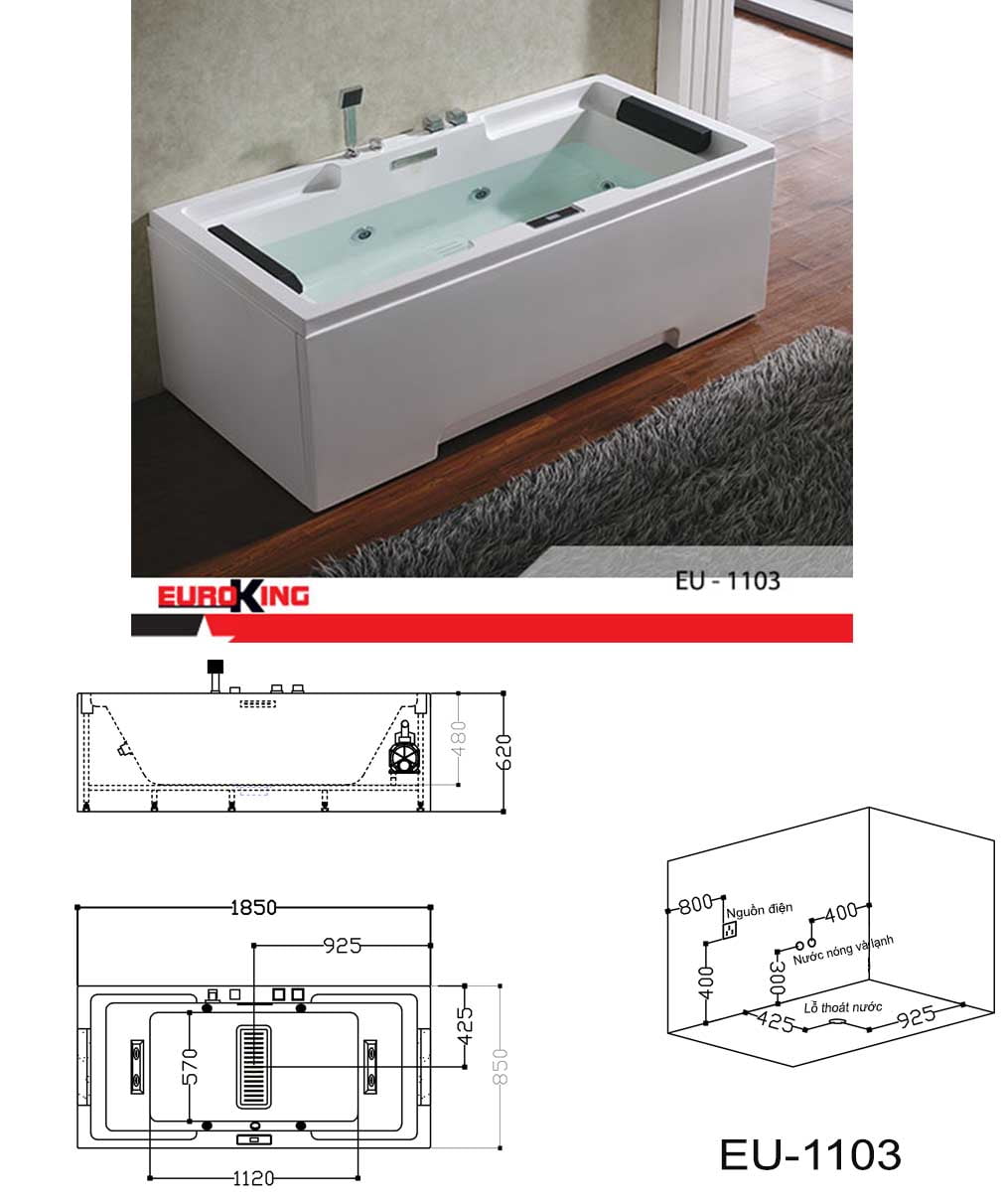 Bản vẽ kĩ thuật bồn tắm EuroKing EU-1103