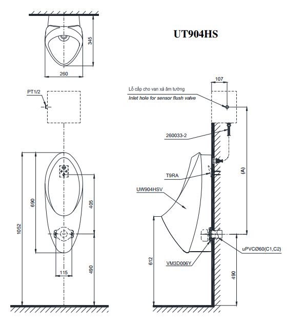 Bản vẽ kĩ thuật của Bồn tiểu nam treo tường TOTO UT904HN#XW