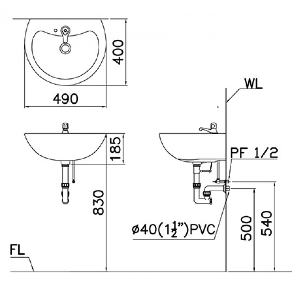 Bản vẽ kỹ thuật chậu rửa mặt Caesar L2150