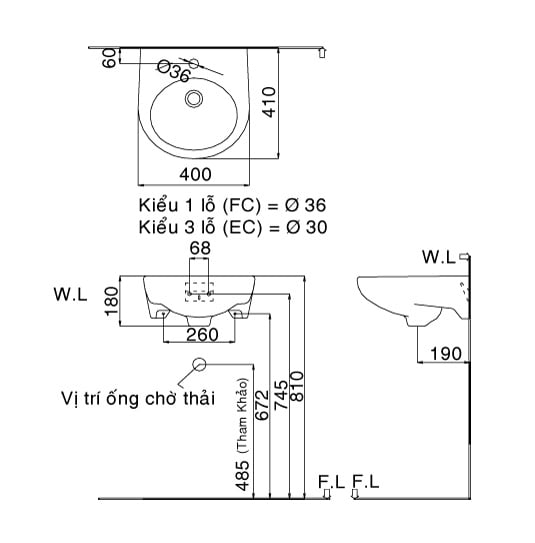 Chậu rửa mặt INAX L-282VFC/BW1, L-282VEC/BW1 - Treo tường - Ảnh 2