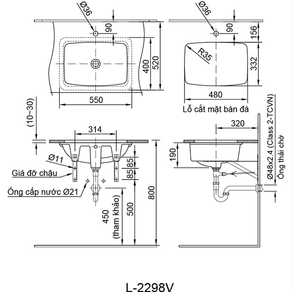 Bản vẽ kỹ thuật của chậu đặt bàn L-2298V