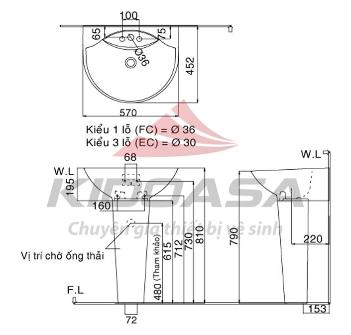 Chậu rửa mặt INAX L-288VFC/BW1, L-288VEC/BW1 - Treo tường - Ảnh 2