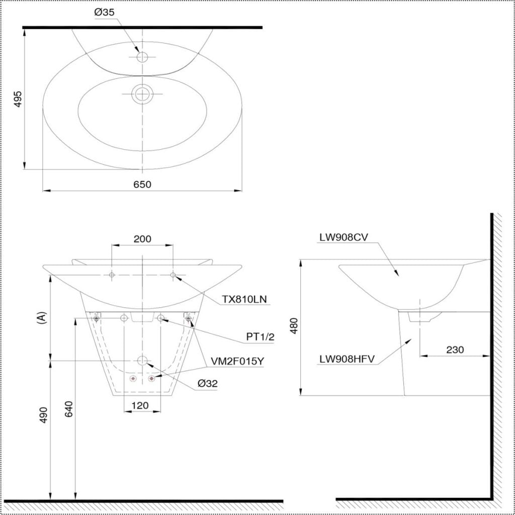 Bản vẽ kỹ thuật chậu rửa mặt TOTO LHT908C