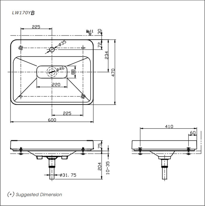 Bản vẽ kỹ thuật của chậu Lavabo đặt bàn LW170YB