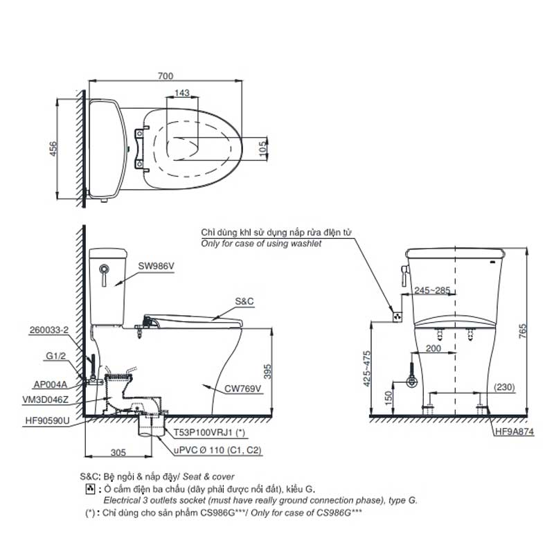 Bản vẽ kỹ thuật bồn cầu TOTO CS986GT8