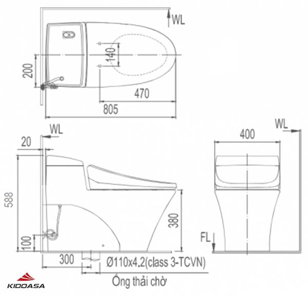 Bản vẽ kích thước bồn cầu 1 khối Inax AC1008VRN