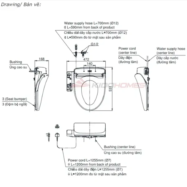 Bản vẽ kỹ thuật của nắp rửa điện tử WASHLET TOTO S1 TCF23661GAA