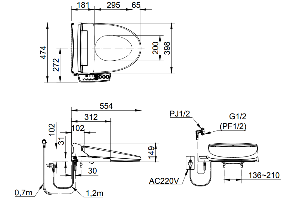 Bản vẽ kỹ thuật của nắp rửa điện tử INAX CW-KB22AVN