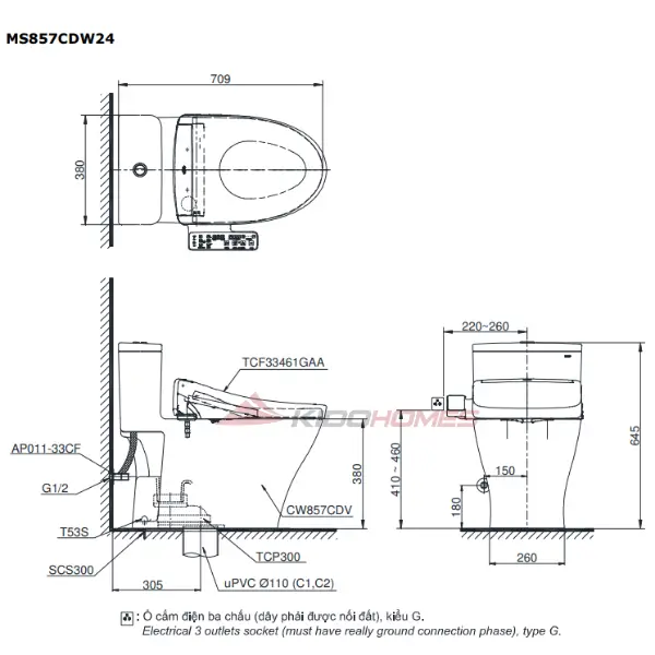 Bản vẽ kỹ thuật của bàn cầu TOTO MS857CDW24#XW kèm WASHLET S2 – TCF33461GAA