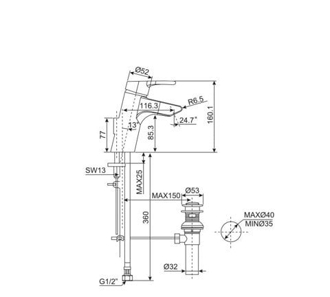 Bản vẽ kỹ thuật vòi chậu rửa mặt American Standard WF-3907